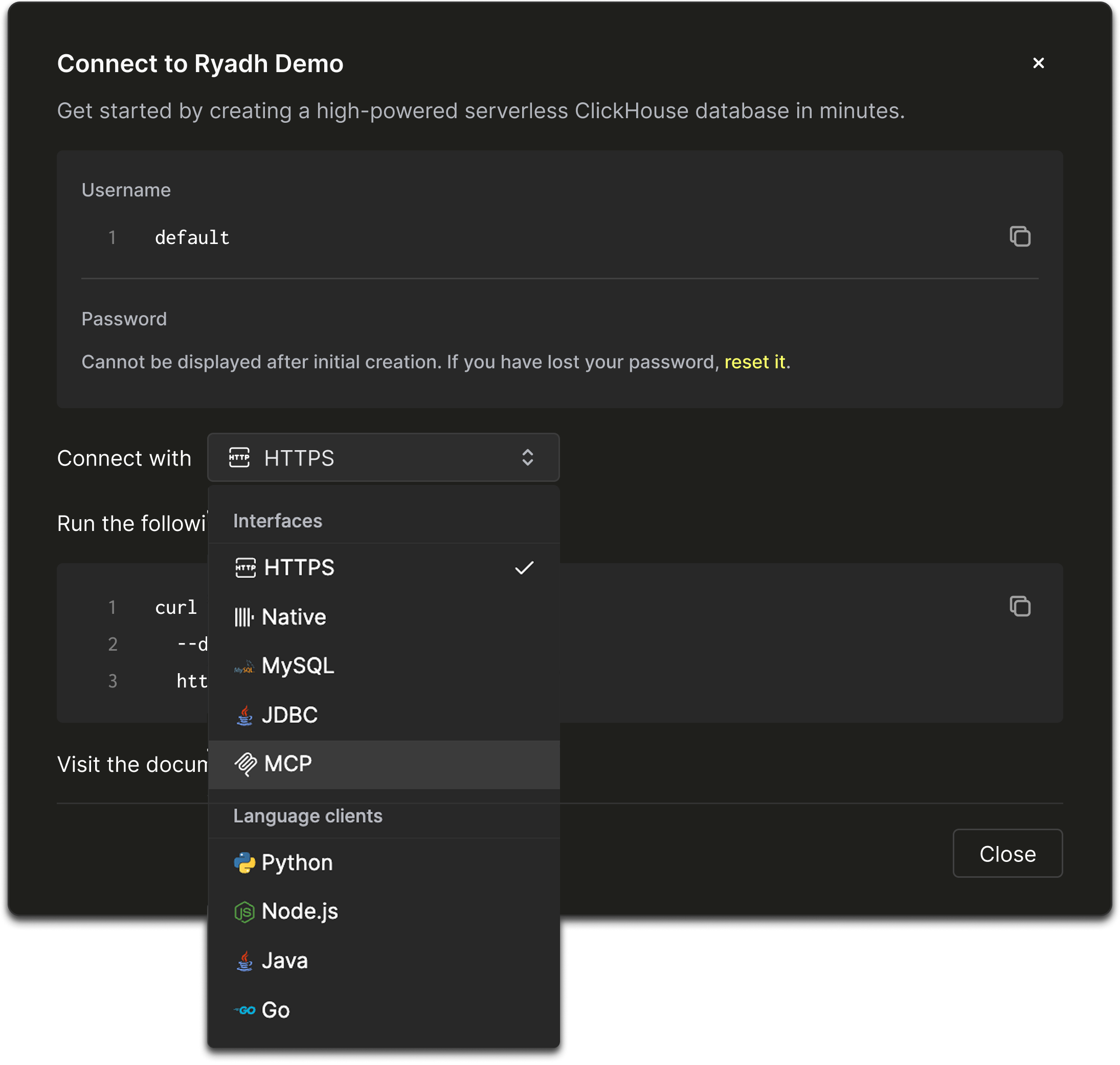 Select MCP in the Connect Modal