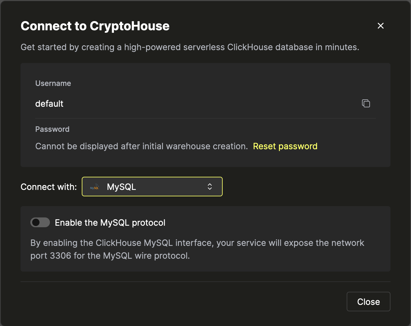 Экран учетных данных — выбран MySQL